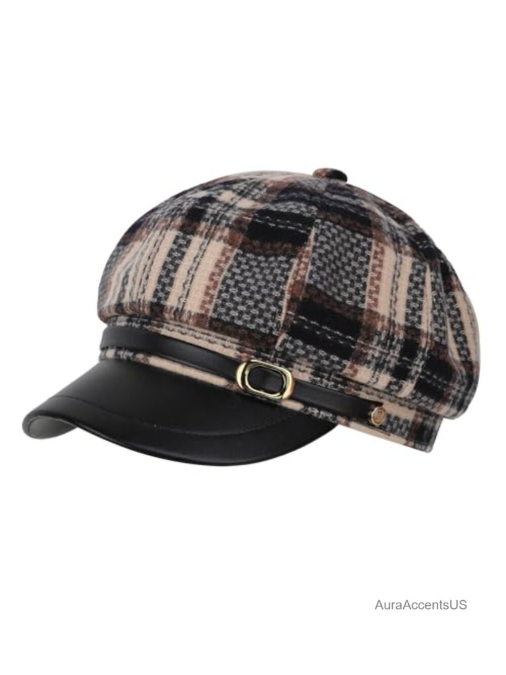 Womens Vintage Plaid Newsboy Hat Faux Leather Visor Cabbie Beret
